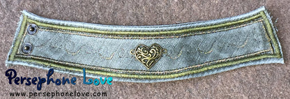 Olive grey antique gold embroidered beaded upcycled denim filigree heart bracelet-1157