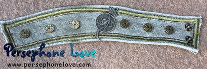 Olive antique gold embroidered beaded upcycled denim bracelet dragon Chinese coins-1161