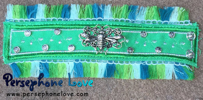 Green silver embroidered beaded upcycled denim bracelet honeybee jewelry fringe-1164
