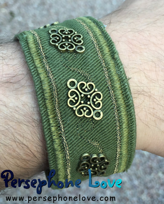 Olive green antique gold embroidered Celtic knot upcycled denim bracelet-1154