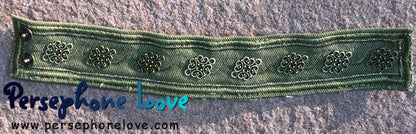 Olive green antique gold embroidered Celtic knot upcycled denim bracelet-1154