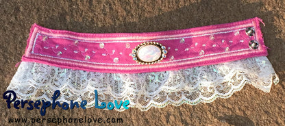 Pink metallic embroidered beaded upcycled denim lace bracelet rococo jewelry-1202