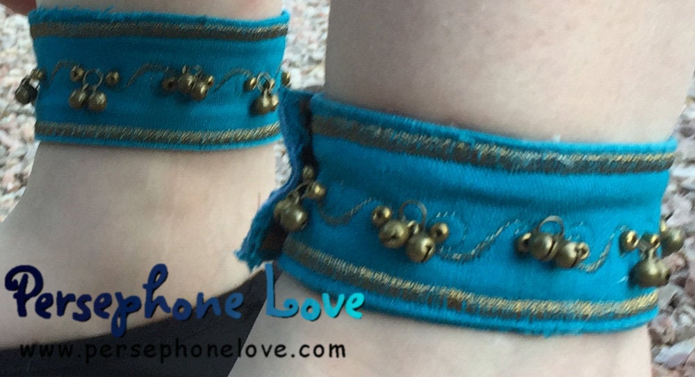 TWO Blue/gold embroidered upcycled denim bellydance bells anklets-1144