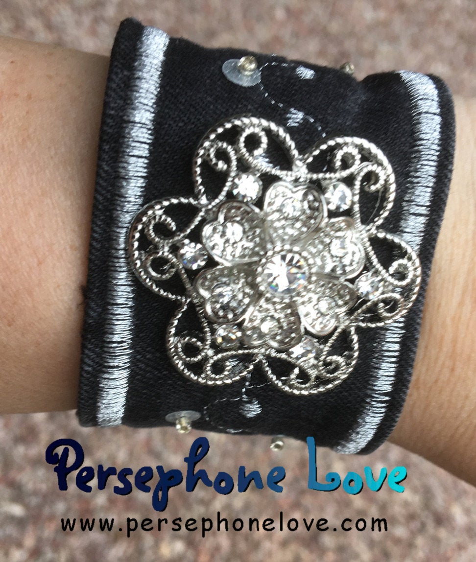 Black silver embroidered upcycled Gothic denim rhinestone bracelet lace-1167