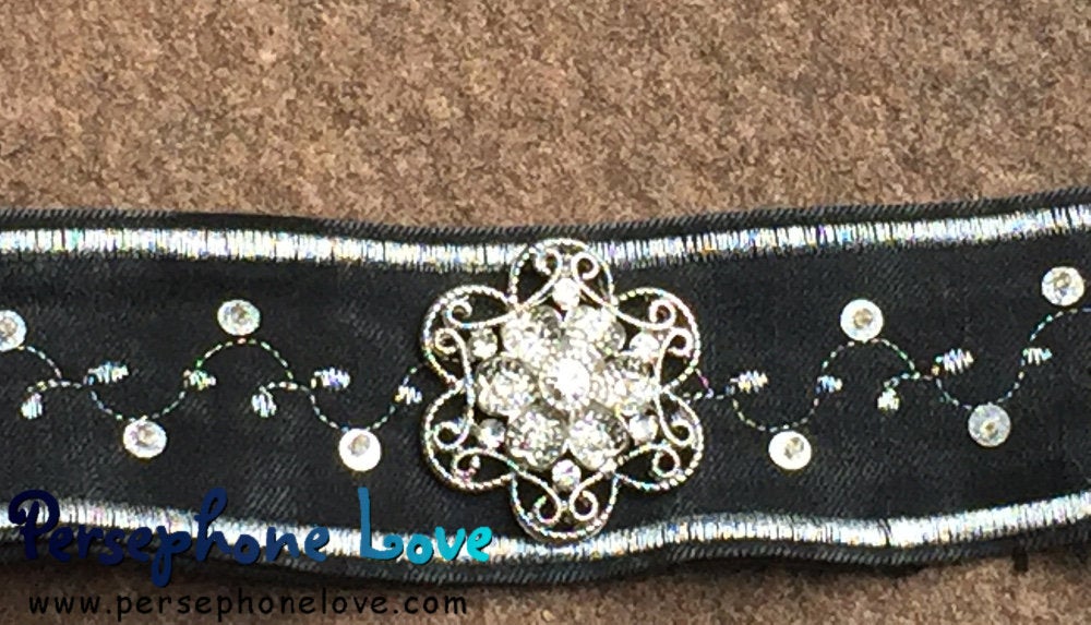 Black silver embroidered upcycled Gothic denim rhinestone bracelet lace-1167