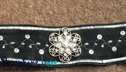 Black silver embroidered upcycled Gothic denim rhinestone bracelet lace-1167
