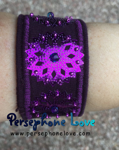 Purple embroidered/beaded sequin upcycled denim bracelet-1171