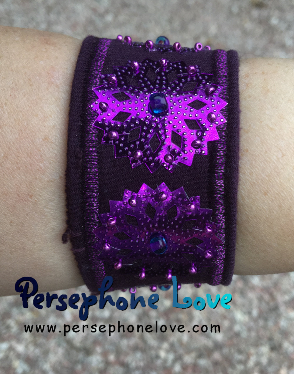 Purple embroidered/beaded sequin upcycled denim bracelet-1171