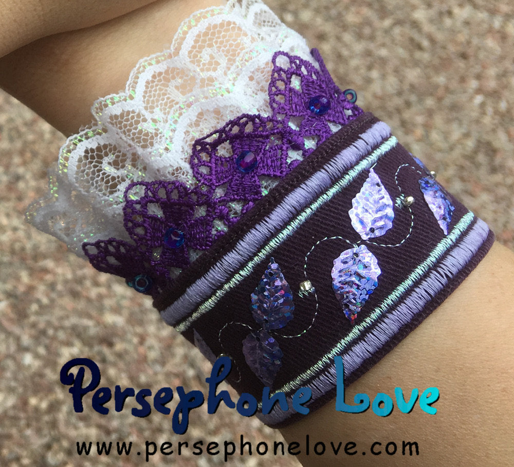 TWO Purple silver embroidered upcycled Victorian Rococo denim beaded lace bracelets