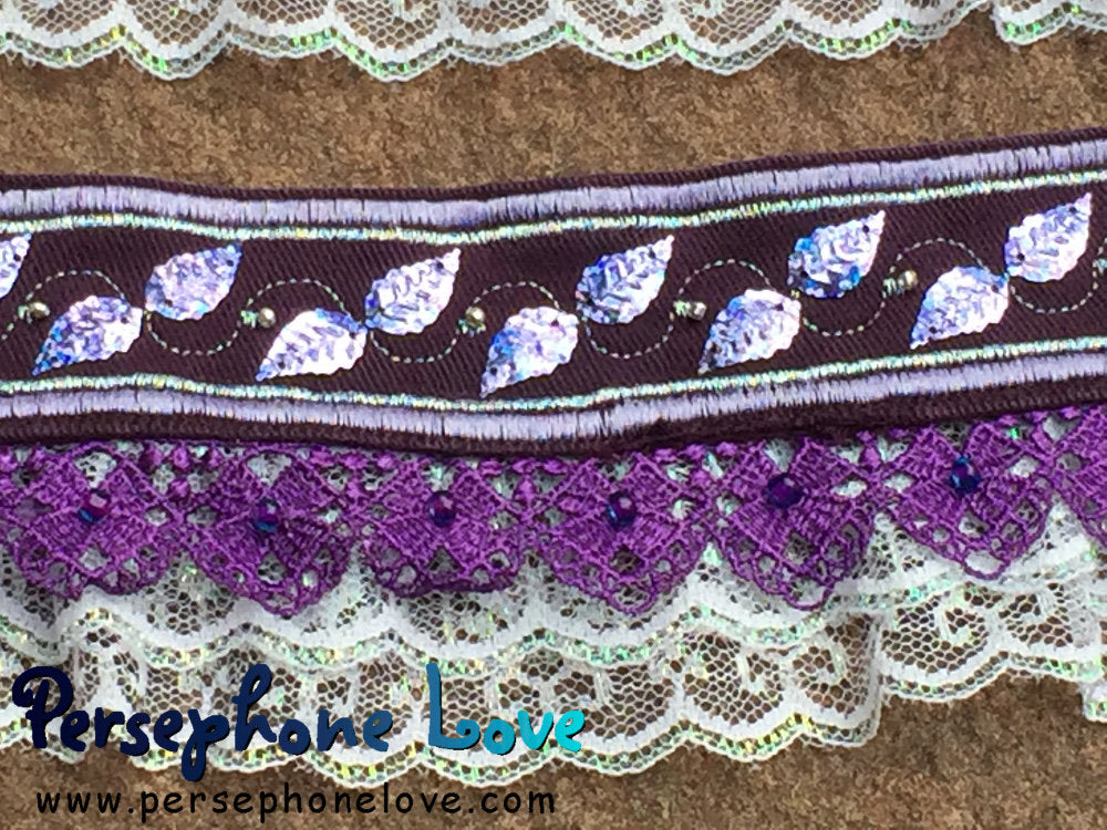 TWO Purple silver embroidered upcycled Victorian Rococo denim beaded lace bracelets