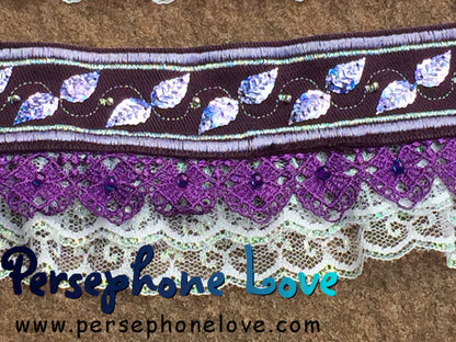 TWO Purple silver embroidered upcycled Victorian Rococo denim beaded lace bracelets