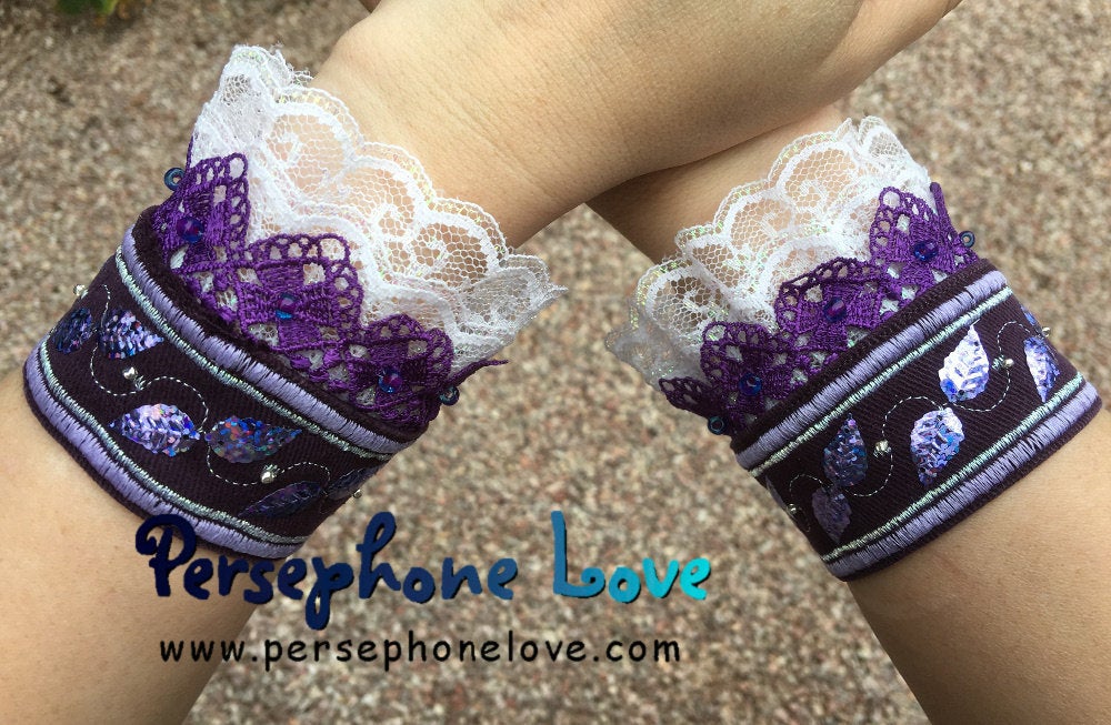 TWO Purple silver embroidered upcycled Victorian Rococo denim beaded lace bracelets