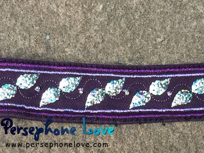 Purple embroidered/beaded silver sequin upcycled denim bracelet-1174