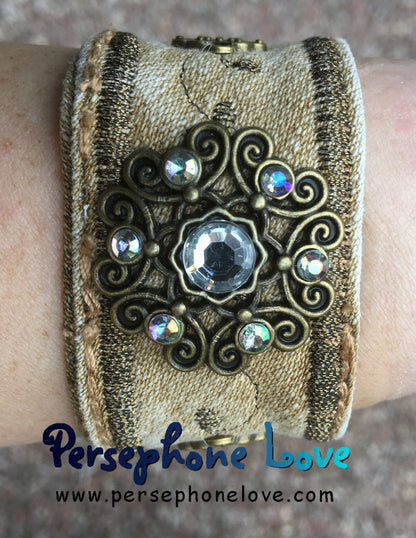 Tan bronze embroidered upcycled denim steampunk hippie festival rhinestone bracelet-1180