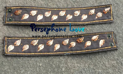 TWO bronze embroidered fall colors leaf sequins upcycled denim bracelets-1182