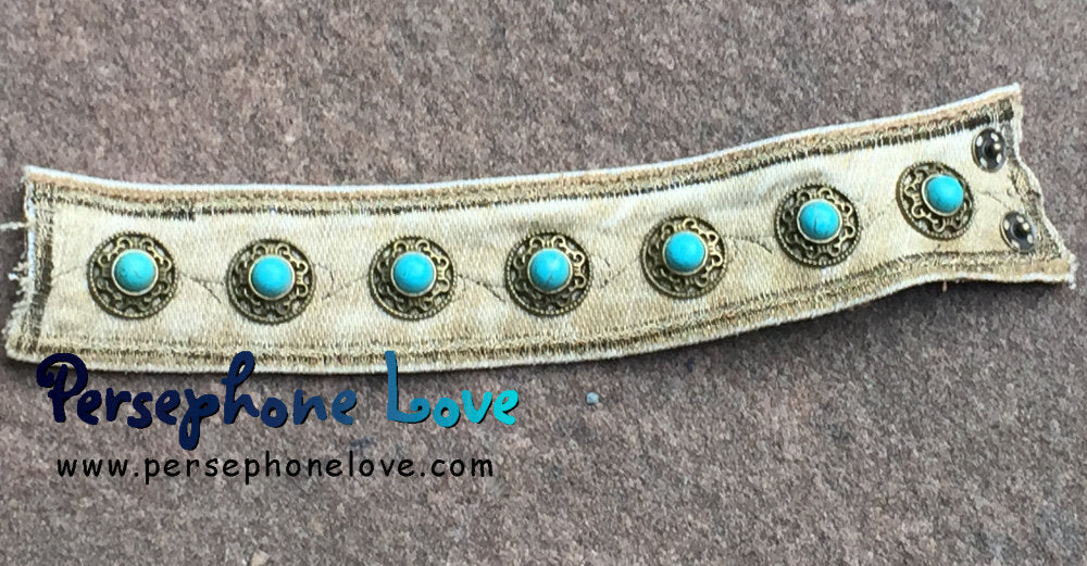 Tan bronze embroidered upcycled denim turquoise steampunk bracelet cuff festival jewelry-1183