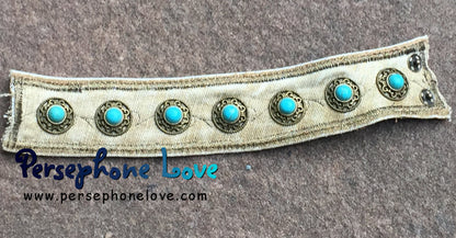 Tan bronze embroidered upcycled denim turquoise steampunk bracelet cuff festival jewelry-1183