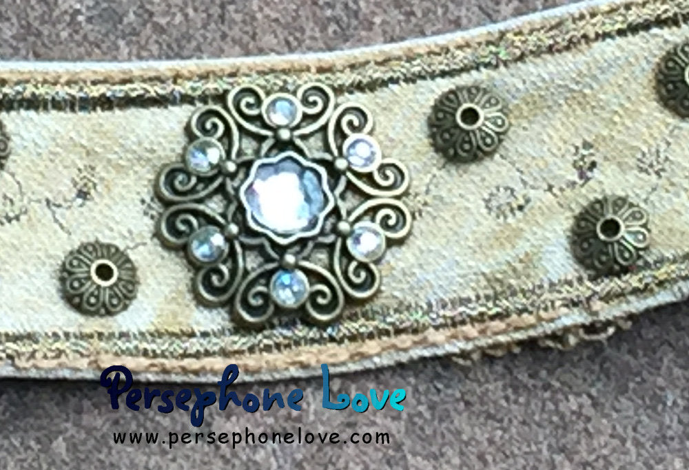 Tan bronze embroidered upcycled denim steampunk hippie festival rhinestone bracelet-1184