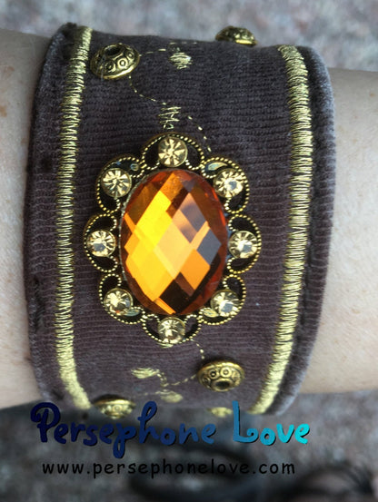 Brown gold embroidered upcycled denim rhinestone steampunk bracelet - small-1185