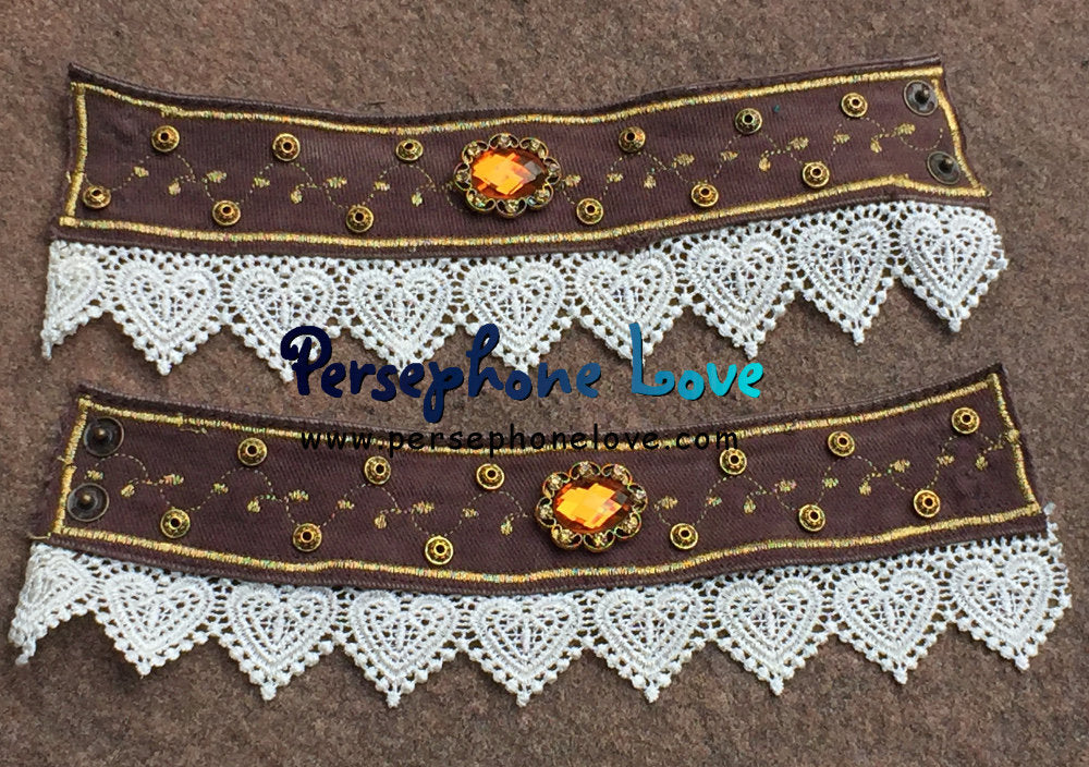 TWO brown gold embroidered beaded rhinestone lace steampunk upcycled denim bracelets-1186