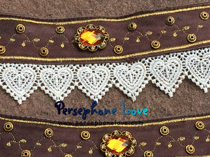 TWO brown gold embroidered beaded rhinestone lace steampunk upcycled denim bracelets-1186