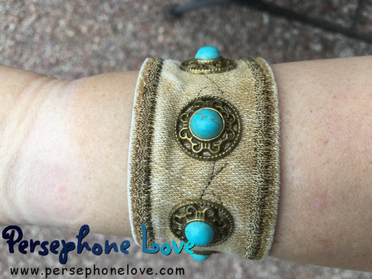 Tan bronze embroidered upcycled denim turquoise steampunk bracelet cuff festival jewelry-1183