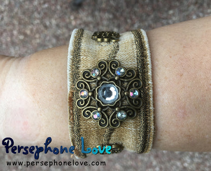 Tan  bronze embroidered upcycled denim steampunk rhinestone bracelet-1181