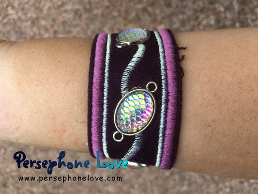 Purple embroidered mermaid scale beaded upcycled embroidered denim bracelet-1176