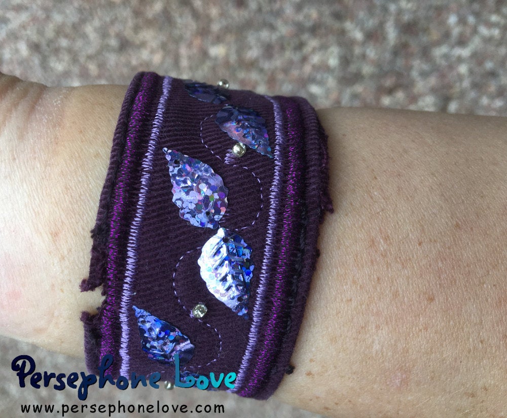 Purple embroidered/beaded purple sequin upcycled denim bracelet-1175
