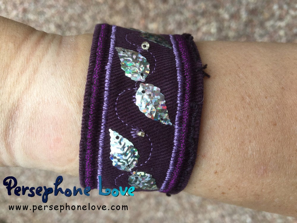 Purple embroidered/beaded silver sequin upcycled denim bracelet-1174