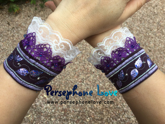 TWO Purple silver embroidered upcycled Victorian Rococo denim beaded lace bracelets