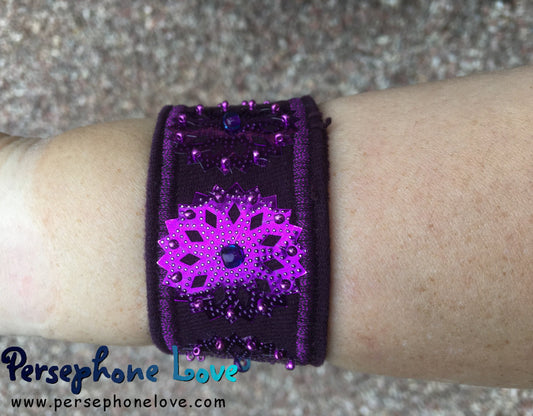 Purple embroidered/beaded sequin upcycled denim bracelet-1171