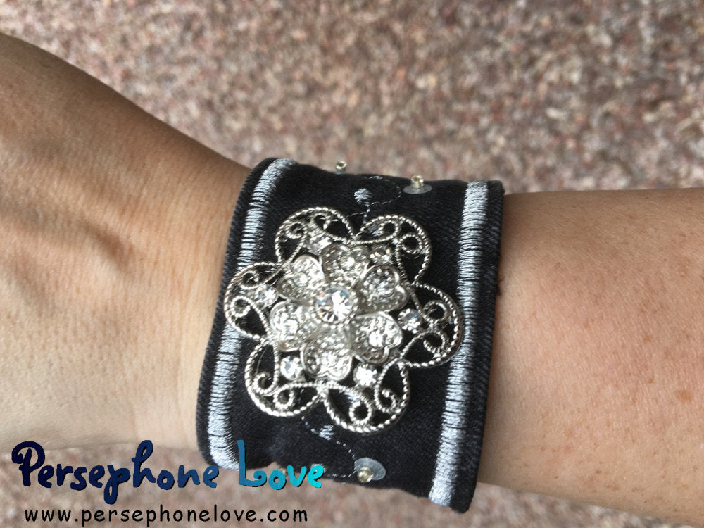 Black silver embroidered upcycled Gothic denim rhinestone bracelet lace-1167