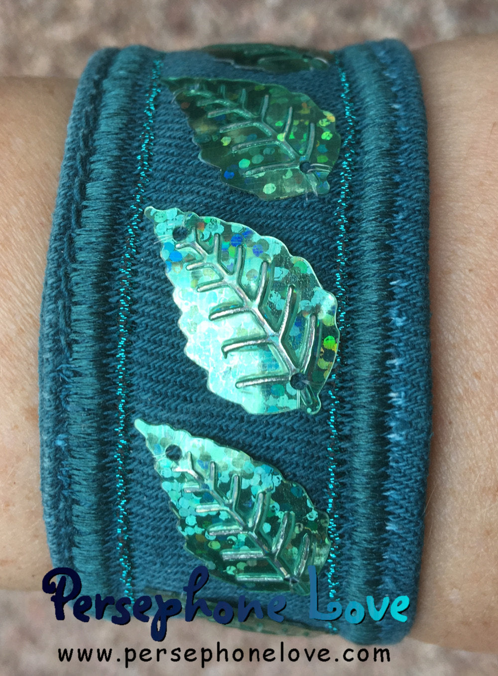 Teal turquoise embroidered leaf sequin upcycled denim hippie festival  bracelet-1187
