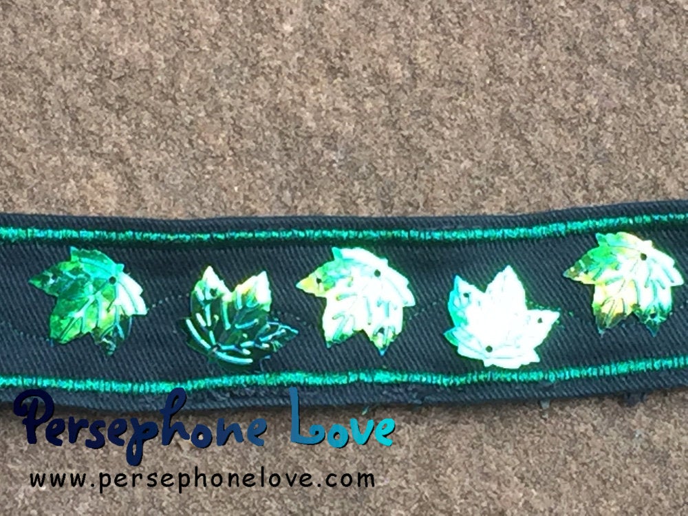 Green embroidered iridescent maple leaf sequin upcycled denim bracelet-1188