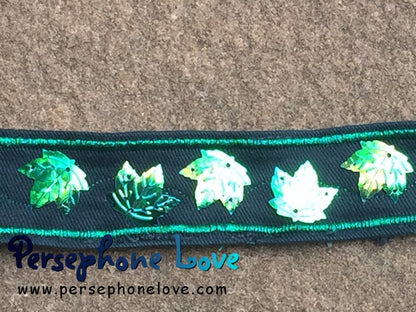 Green embroidered iridescent maple leaf sequin upcycled denim bracelet-1188