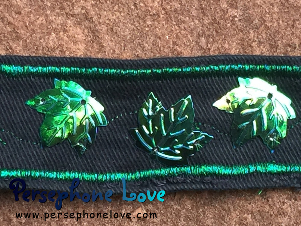 Green embroidered iridescent maple leaf sequin upcycled denim bracelet-1188
