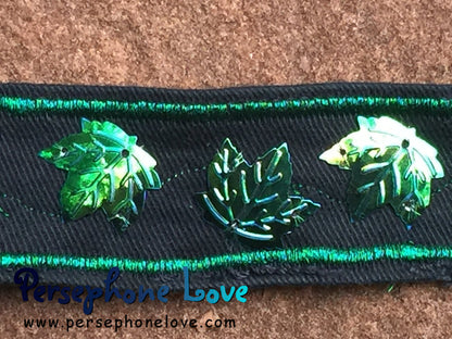 Green embroidered iridescent maple leaf sequin upcycled denim bracelet-1188