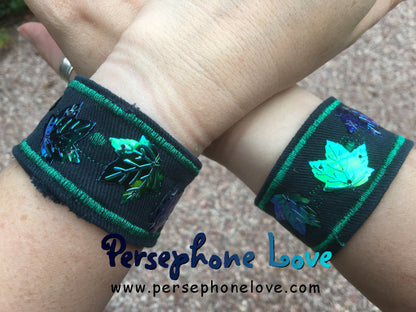 TWO green embroidered maple leaf sequins upcycled hippie festival denim bracelets