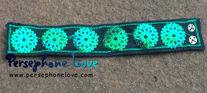 Green beaded kaleidoscope sequin upcycled denim hippie festival bracelet-1190