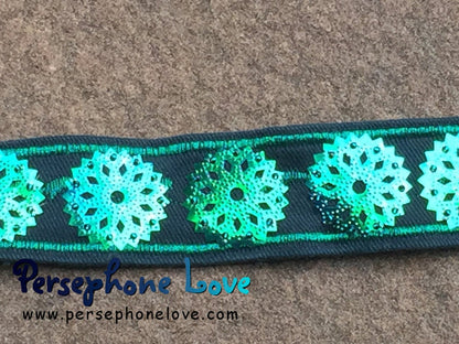 Green beaded kaleidoscope sequin upcycled denim hippie festival bracelet-1190
