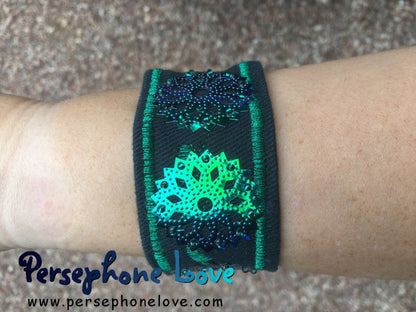 Green beaded kaleidoscope sequin upcycled denim hippie festival bracelet-1190