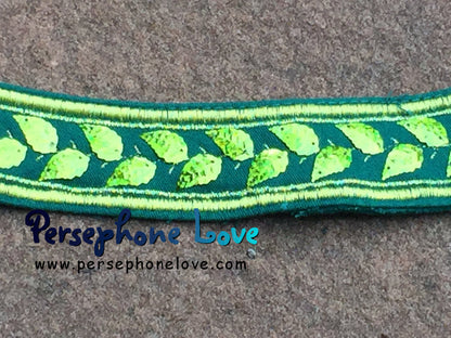 Green embroidered leaf sequin upcycled denim festival bracelet-1191